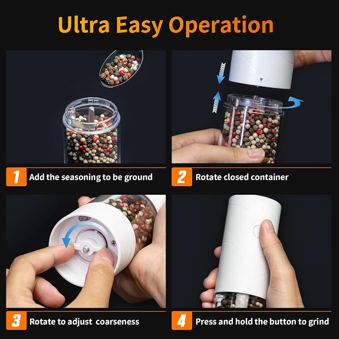 2Pack Electric Salt and Pepper Grinder Set USB Rechargeable with Warm LED Light, Adjustable Coarseness Lidaop Large Capacity Automatic Salt Pepper Mill Grinder for Kitchen, Restaurant, Outdoor, White
