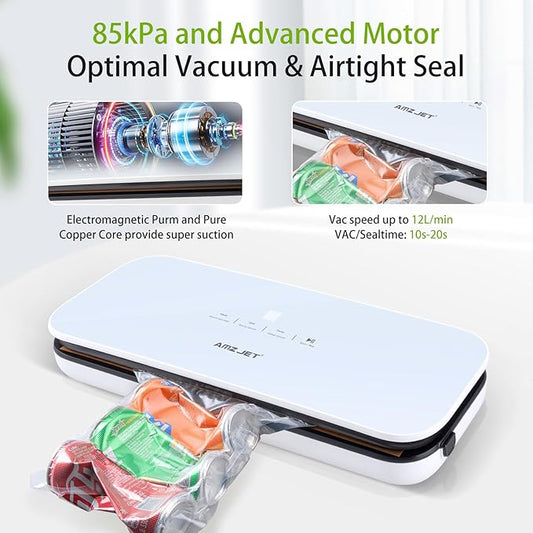 Vacuum Sealer for Food - Tempered Glass Panel, LED Touch Control, Digital Display, Pulse/Moist/Dry/Seal/External Suction Modes, Includes 30 Vacuum Bags & Built-in Cutter(White)