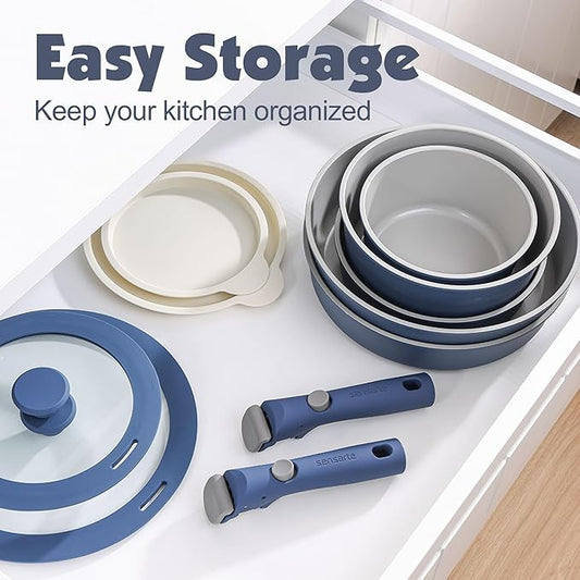 SENSARTE 24 Piece Ceramic Pots and Pans Set, Nonstick Detachable Handle Cookware, Induction Kitchen Cookware Set with Removable Handle, Healthy Non Stick for RV, Dishwasher&Oven Safe, PFOA Free (Navy)
