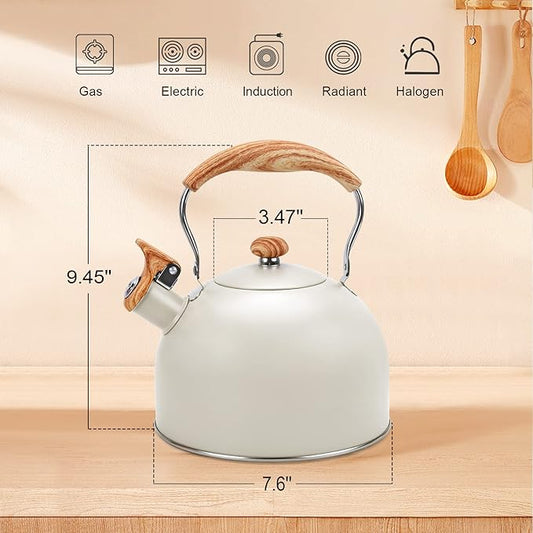 Tea Kettle Stovetop, 2.6Qt Whistling Tea Pots for Stove Top, Heat-resistant Folding Handle,Cute Teapot(Beige)