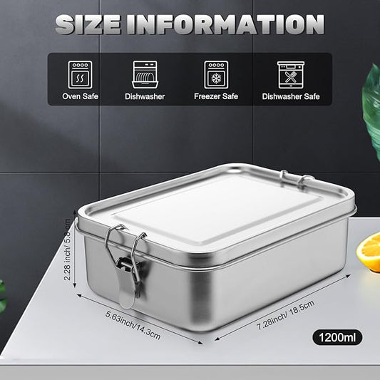 Umigy 1 Pcs Stainless Steel Food Containers 1200ml Metal Bento Lunch Box Stainless Steel Food Storage Containers, Lockable Clips to Leak Proof, Reusable Dishwasher Snack Boxes for Work, Picnic