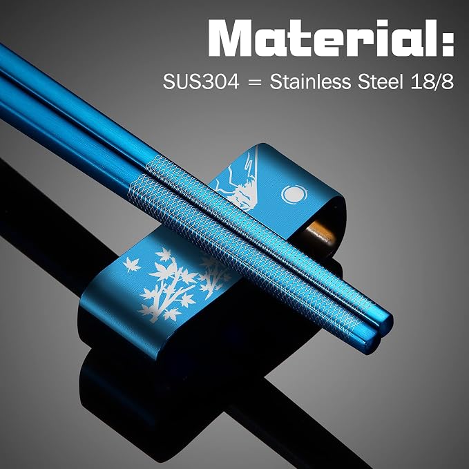 Metal Chopsticks Reusable 2 Pairs Titanium Plated 18/8 Stainless Steel Chopsticks with Holder, Dishwasher Safe Non-Slip Japanese Style Laser Engraved Chop Sticks Gift Set (Blue)