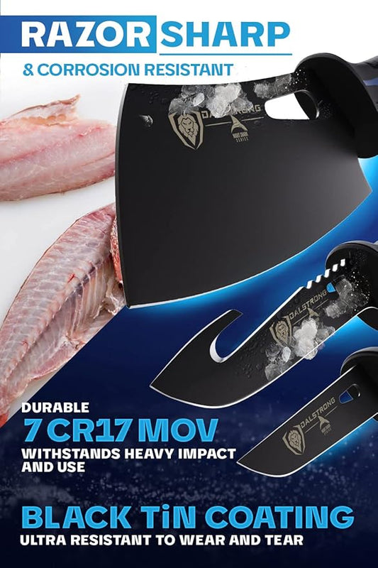 Dalstrong 3pc Kitchen Knife Set-Night Shark Series-High Carbon Steel-Titanium Coated-NonSlip Handle-Boning,Cleaver and Hook Fish Knives - w/Sheath-NSF Certified
