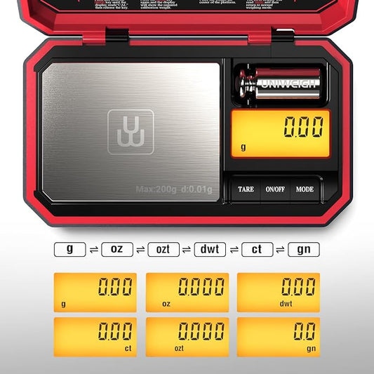 UNIWEIGH Travel Digital Pocket Scale 200g/0.01g, Digital Gram Scales | Mini Food Scale with 50g Calibration Weight for Food, Powder,small items, Tea, Jewelry, Coins (Battery Included)-Red