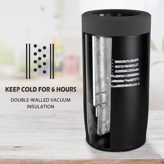 4-in-1 Slim Can Cooler Easy to Hold Insulated Beer Can Holder Double-walled Stainless Steel for All 12 Oz Cans (Black America Flag)