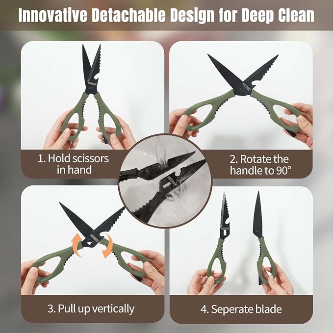Kitchen Scissors All Purpose, Extra Sharp Kitchen Shears with Knife Sharpener & Sheath, Solid & Durable Stainless Steel Scissors with ANTI-RUST Black Titanium Plated, Dishwasher Safe – Green