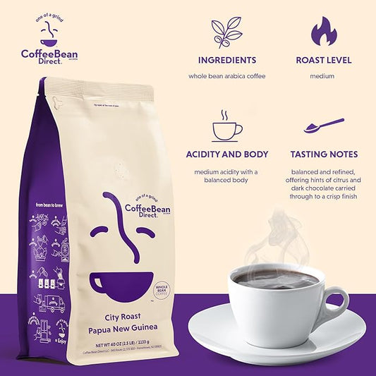 Coffee Bean Direct City Roast Papua New Guinea, Whole Bean Coffee, Medium Roast, 2.5 Pound Bag (Pack of 1)
