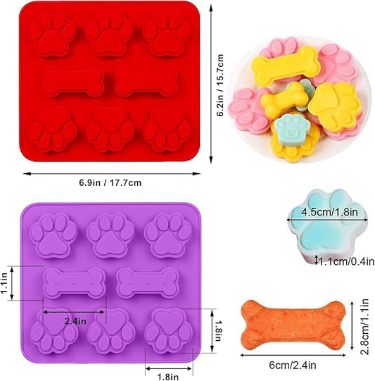 Silicone Molds Puppy Dog Paw & Bone Shaped 2 in 1 and Stainless Steel Cookie Cutter,for Homemade Treats Cat Animal Ice Candy Chocolate Baking Mold(Pink&Purple&Red)