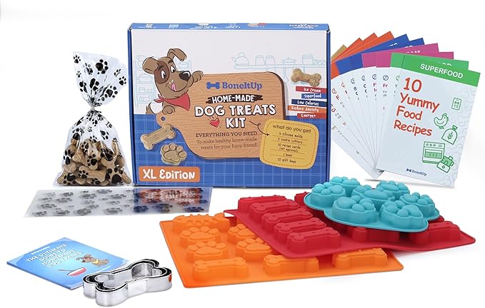 BoneItUp Dog Treat Making Kit โ All-in-One DIY Cookie Set with Reusable 3 Silicone Dog Treat Molds, 3 Cutters, 10 Recipes & Gift Bags โ Make Healthy Homemade Treats for Dogs, XL Kit for Big Dogs