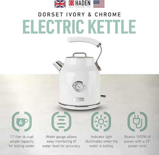 Haden Dorset 1.7 Liter Stainless Steel Electric Kettle, Hot Water Kettle with 360-Degree Base and Auto Shutoff, Ivory & Chrome