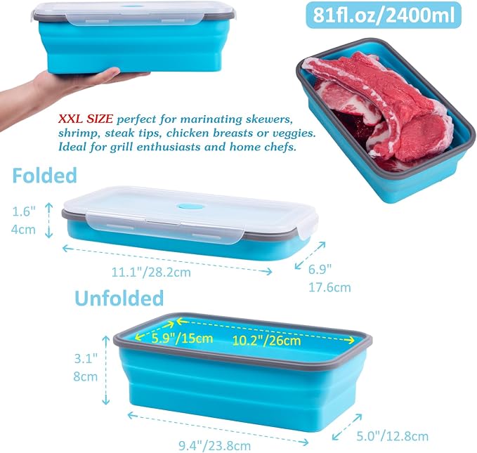 Extra Large Collapsible Food Storage Containers with Lid & Air Vent, 81 oz, 4 Pack, XXL Collapsible Marinade Container BBQ Prep Foldable Silicone Containers, Microwave Freezer Dishwasher Safe
