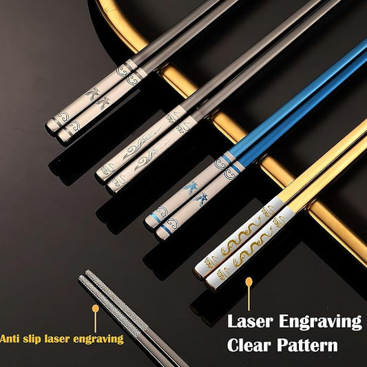 Stainless Steel Chopsticks with Case,2 Pairs Metal Blue Eagle Black Phoenix | Reusable,Portable,Come in a Set,Durable Case lightweight,Beginner friendly, Suitable for School,Home,Office,Bento Box