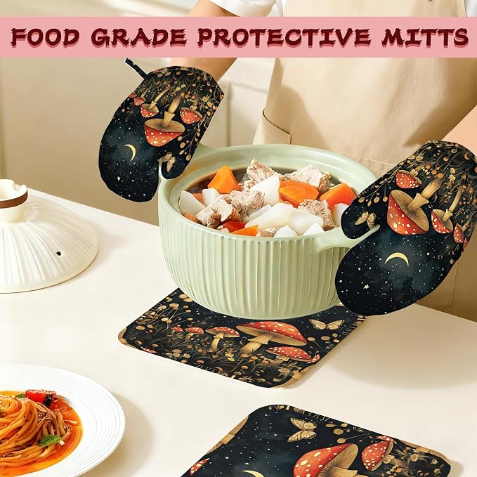 Magic Mushroom Heat-Resistant Silicone Oven Mitts and Pot Holders,Butterfly Moon Long Oven Gloves with Non-Slip Grip for Cooking, Baking, Grilling,BBQ