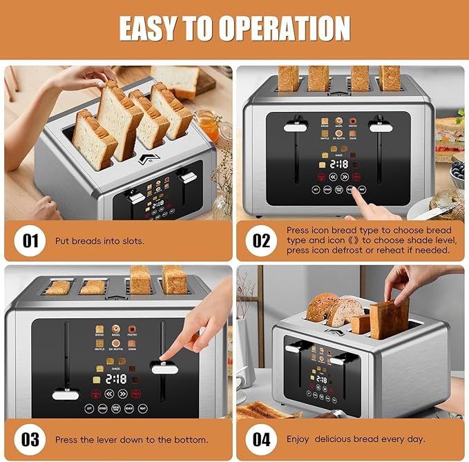 4 Slice Toaster, Touchscreen & Dual Independent Control Panel,Digital Countdown Toasters, 6 Shade Settings&6 Bread Types, Smart Mute/Screen-Off,Silver