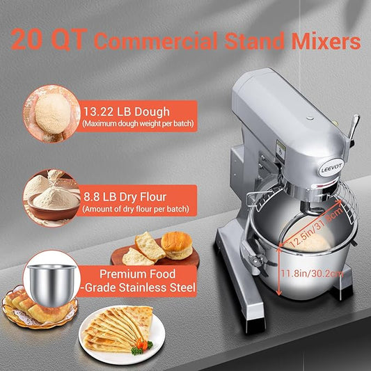20 QT Stand Mixer, Commercial Industrial Grade Kitchen Electric Food Mixer with Stainless Steel Bowl, 3 Types of Mixing Tools, Built for Professional Baking: Effortlessly Handles Large Recipes