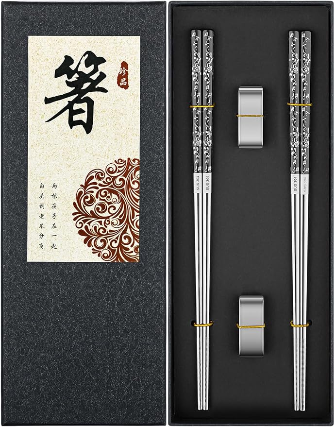 FOFAYU Metal Reusable Chopsticks 2 Pairs Titanium Plated Stainless Steel Chopsticks with Holder, Dishwasher Safe Non-Slip Japanese Style Chop Sticks Present Set (Black Silver)