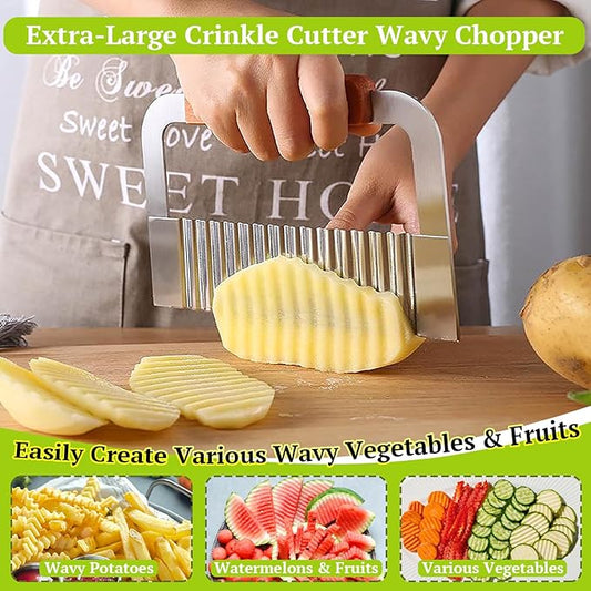 Suuker Crinkle Cutter, Extra-Large Potato Slicer Wavy Chopper, Stainless Steel French Fry Cutter Wavy Crinkle Cutting Chopping Tools with Wooden Handle for Carrot Veggies