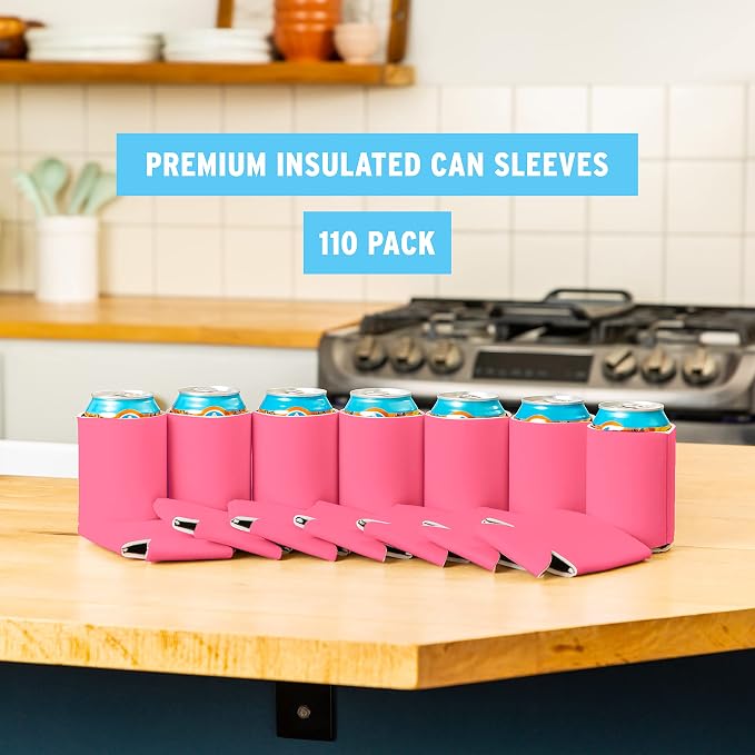 Blank Beer Can Cooler Sleeves (110-Pack) Soft Insulated Beer Can Coolies - HTV Friendly Blank Koolies in Bulk for Beer Cans & Bottles - Coolie Blanks for Vinyl Projects & Wedding Favors (Pink)