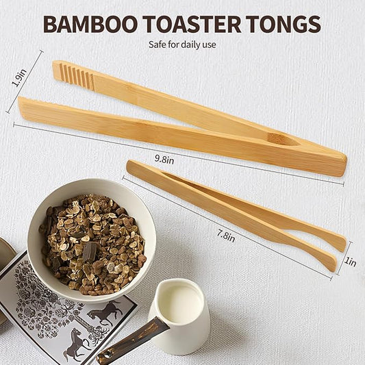 4 Pieces Natural Bamboo Toaster Tongs,Two Bamboo Toast Tongs of different lengths(9.8-Inch & 7.8-Inch),Long Tongs with Anti-slip Design,Heat-Resistant for Cooking and Serving
