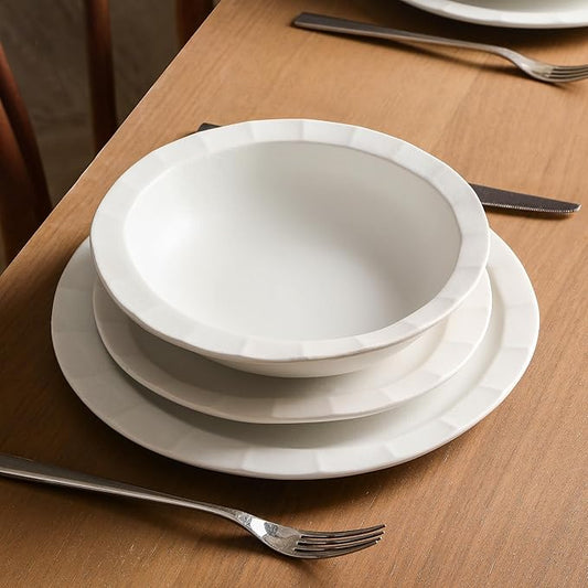Stone Lain Oasis 12-Piece Dinnerware Set Stoneware, Dishwasher and Microwave Safe Plates and Bowls Set, Dish Set for 4, White
