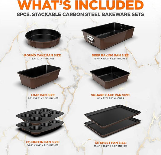 NutriChef 8-Piece Nonstick Stackable Bakeware Set - PFOA, PFOS, PTFE Free Baking Tray Set w/Non-Stick Coating, 450°F Oven Safe, Round Cake, Loaf, Muffin, Wide/Square Pans, Cookie Sheet (Brown)