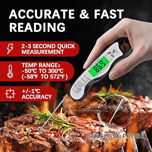 Meat Thermometer Digital,IP67 Waterproof Cooking Thermometer with Backlight, Calibration & Hold Function,Food Thermometer for Cooking,Outdoor Grilling,Suitable as Stocking Stuffers for Men
