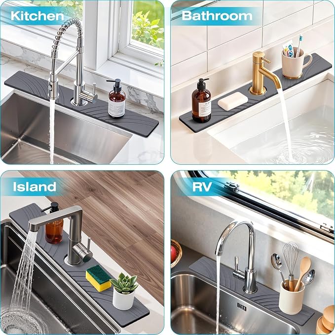 SpaceHacks Stone Faucet Mat for Kitchen Sink - Fast Drying Diatomite Stone Drying Mat, Textured Drainage Sink Protector, Water Splash Guard with Base Pads for Bathroom Counter (23.7x4 in, Dark Gray)