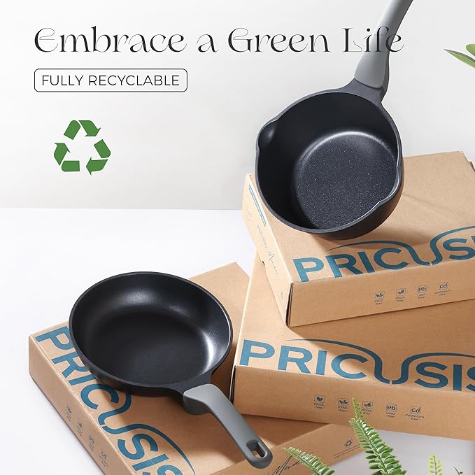 PRICUSIS Nonstick Ceramic Frying Pan with Lid, 8/10 Inch Skillet with Stay Cool Handle, Fully Coated, Induction Compatible & Oven Safe, 100% Dishwasher Safe, PTFE & PFOA Free(8 Inch, Black Sesame)