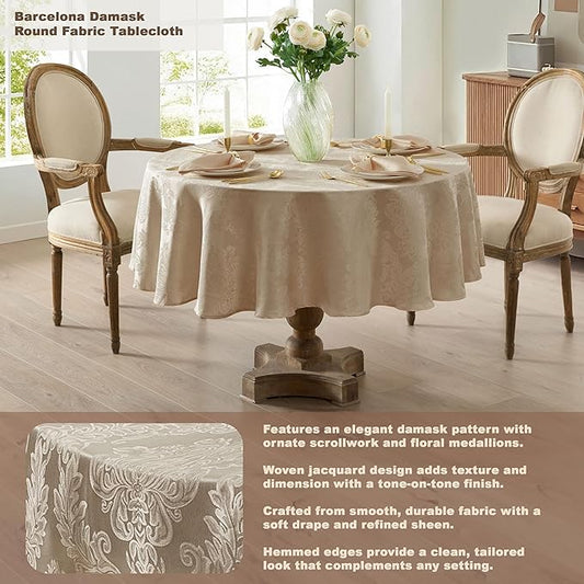 Newbridge Barcelona Luxury Damask Fabric Tablecloth, 70” Round, Golden Beige, 100% Polyester, No Iron, Soil Resistant Dining Room, Party and Banquet Table Cover