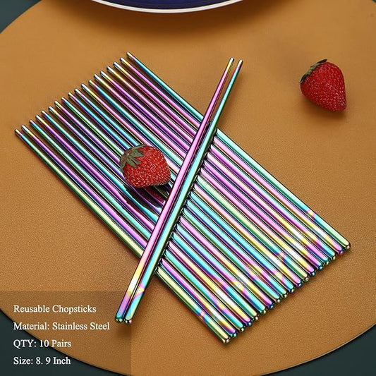 10 Pairs Reusable Chopsticks, Titanium Rainbow Plating Stainless Steel Metal Chop Sticks, Japanese Chinese Korean Chopstick Dishwasher Safe, 8.9 Inch (Coloful / Chop sticks)