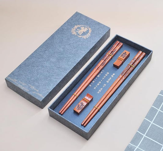 Dragon & Phoenix Reusable Chopsticks Set with Holders - Wooden Chopsticks 2 Pairs for Wedding & Anniversary Gift (Dragon and Phoenix)