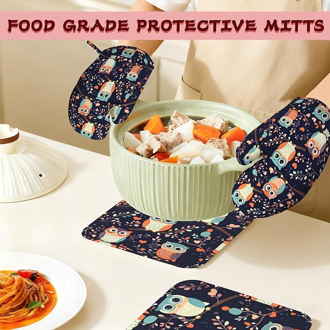 Cute Owl Heat-Resistant Silicone Oven Mitts and Pot Holders 4 Piece Set,Extra Long Non-Slip Kitchen Oven Gloves for Cooking, Baking, BBQ,Grilling