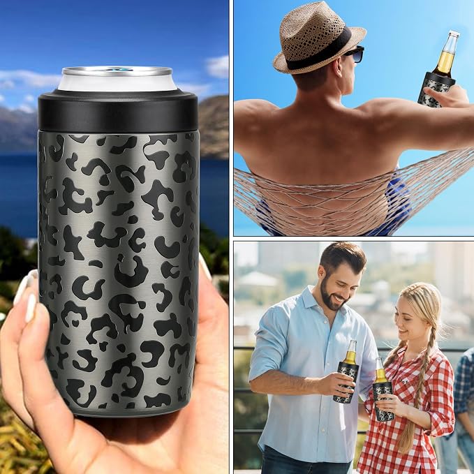 MAXSO Slim Can Cooler, 4-in-1 Double Walled Stainless Steel Insulated Beer Can Holder, Works With All 12 Oz Cans,Bottles & As A Pint Cups - Black Leopard