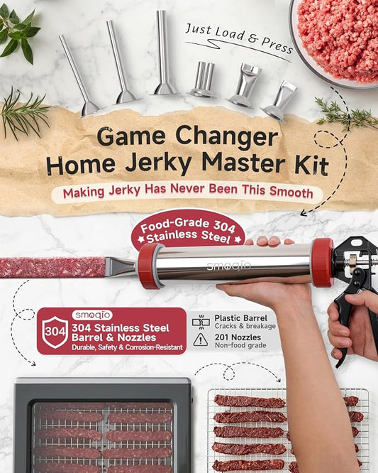 2LB Jerky Gun Kits, 304 Stainless Steel Beef Jerky Gun | 6 Versatile Nozzles, Suitable for 19mm Snack Stick, Aluminum Alloy Handle, Meat Maker with 4 Cleaning Brushes, 1 Meat Pusher
