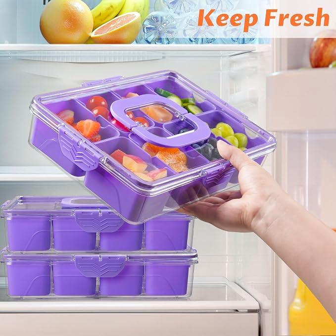 Snackle Box Container Dishwasher Safe Divided Serving Tray with Lid Handle | Charcuterie Board for Portable Snack Platters, Organizer for Fruits Snacks, Perfect for Road Travel - Purple