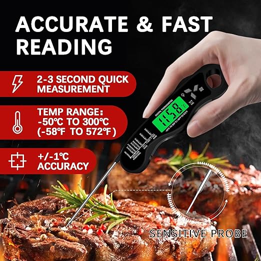 Meat Thermometer Digital,IP67 Waterproof Cooking Thermometer with Backlight, Calibration & Hold Function,Food Thermometer for Cooking,Outdoor Grilling,Suitable as Stocking Stuffers for Men