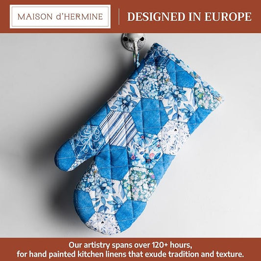Maison d'Hermine Oven Gloves 100% Cotton Oven Mitt (7" x 13", Pack of 1) | With Loop Heat Resistant BBQ Cooking Gloves Baking Grilling Kitchen Handling Hot Pans Spring Summer - Summer Blues