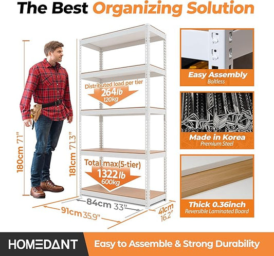 HOMEDANT 5 Tier White Storage Shelves Adjustable Laminated Boltless Garage Metal Shelving Unit Heavy Duty Utility Rack Shelf Warehouse Pantry Closet Kitchen 35.9" W x 16.2" D x 71.3" H White 3Pack
