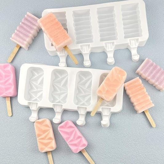 Ice Cream Popsicle Silicone Mold Set of 2, 8-Cavity Chocolate Cake Fondant Molds, Home DIY Popsicle Tools, BPA Free, Reusable and Easy to Clean Homemade Popsicle Maker with 50 Wooden Sticks