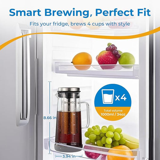 BrewMOO- Airtight Cold Brew Coffee Maker Pitcher, 1.0L/34Oz Thick Glass Carafe with Filter, Comfort Sturdy Handle & Wide Spout, Non-Slip Base | Iced Tea Maker (Black)