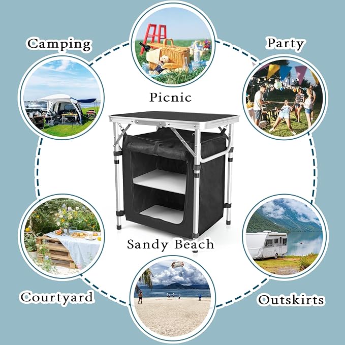 CampLand Folding Cooking Table Outdoor Portable Cook Station Aluminum Camping Kitchen with Storage Organizer, Windscreen, Hooks for BBQ, Party (SamllBlack)