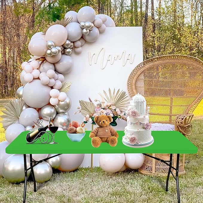 6 Pack Fitted Tablecloth for 8 Foot Rectangle Tables, Green Elastic Outdoor Picnic Table Cover, Washable Stretch Folding Table Cloths 8 ft for Camping Party Patio Kitchen Banquet, 30" W x 96" L