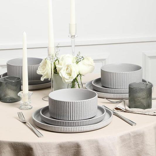 Stone Lain Haven Stoneware 24-Piece Dinnerware Set, Grey - Plates and Bowls Sets for 8, Elegant Dish Set, Includes Dinner Plates, Salad Plates Cereal Bowls, Microwave & Dishwasher Safe