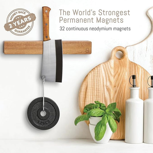 Premium 16 inch Magnetic Knife Holder for Wall with 2x Storage & Charming Wood - Knife Magnetic Strip, Under Cabinet Magnet Knives Storage - Magnet Strip Rack Kitchen Utensil Holder Organizer Tool