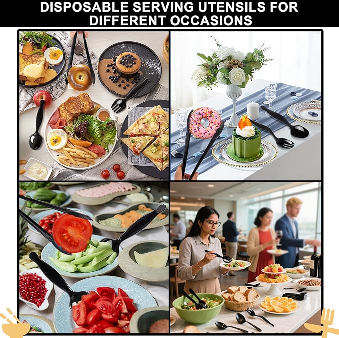 60 Pcs Disposable Black Plastic Serving Utensils,20 Set Including 9" Plastic Serving Spoons, Forks and Tongs for Dinner Parties, Buffets,Banquets, Events, Weddings, and Daily Use
