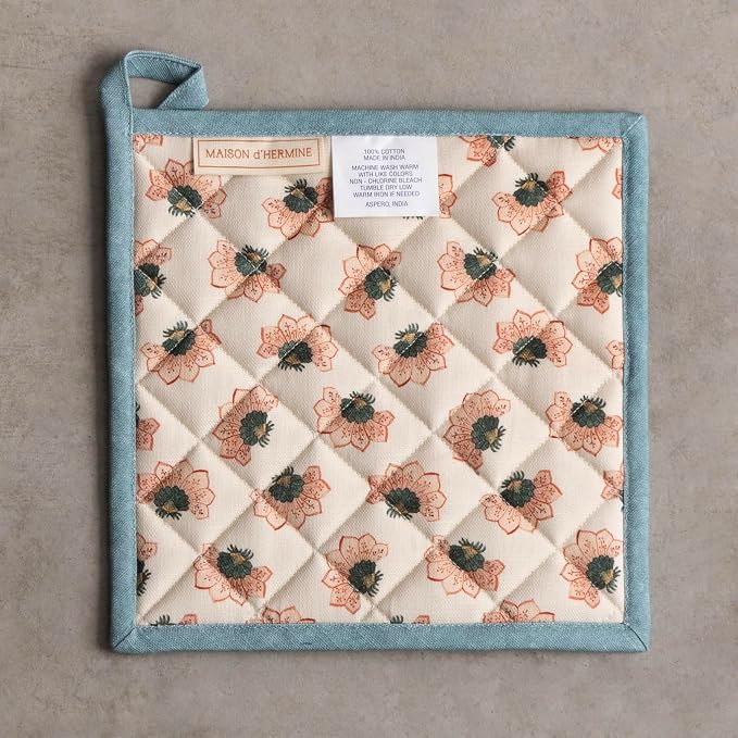 Maison d' Hermine Pot Holders 100% Cotton Potholders (8" x 8", Pack of 2) | Heat Resistant Hot Pads with Loop BBQ Cooking Baking Hotel Kitchen Handling Hot Pans Thanksgiving Christmas - Dalida