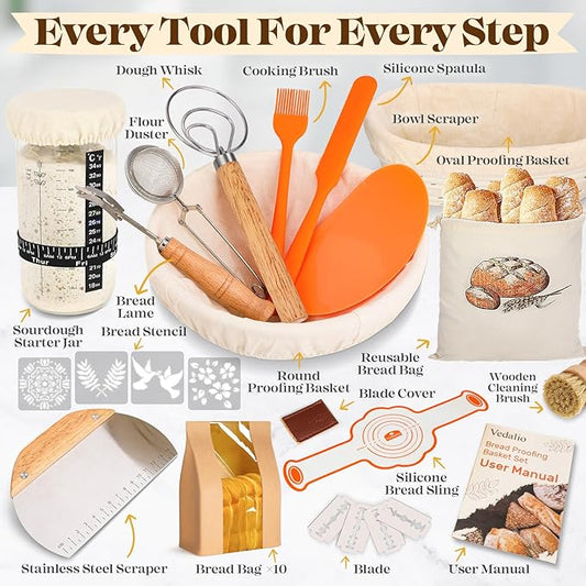 Sourdough Bread Baking Supplies, Sourdough Starter Kit, Bread Proofing Basket, Bread Making Tools Kit, Sour Dough Kit Tools, Sourdough Proofing Basket, Sourdough Kit Gifts for Bakers Women Wife Mom