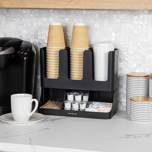 Mind Reader Condiment Station, 13 Inch Countertop Coffee Bar Organizer with 6 Compartments, Storage Caddy for Cups, Lids and Packets, Plastic, Black