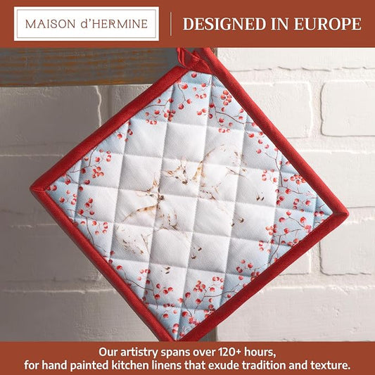 Maison d' Hermine Pot Holders 100% Cotton Potholders (8" x 8", Pack of 1) | Heat Resistant Hot Pads with Loop BBQ Cooking Baking Kitchen Handling Hot Pans Thanksgiving Christmas - Fairy Tale Forest