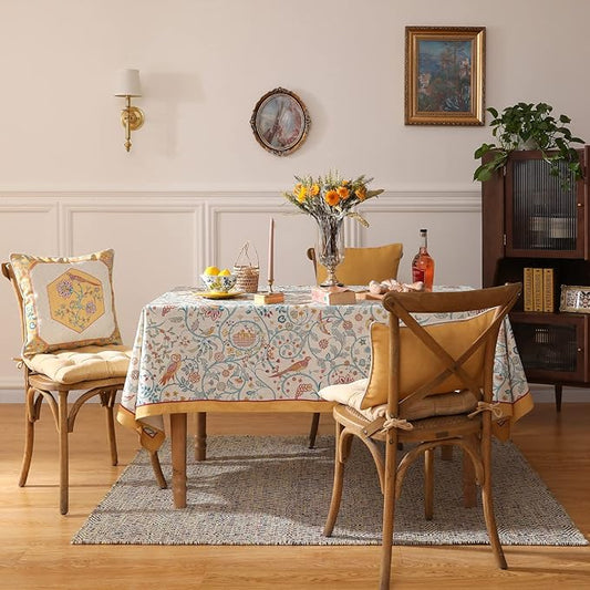 patdrea Designer Vintage French Rectangular Tablecloth,Floral Birds Pattern Linen Table Cloth,Fall Yellow Decor Table Cover for Kitchen Dining Banquet,Christmas,Thanksgiving,63"x87"-Magnolia